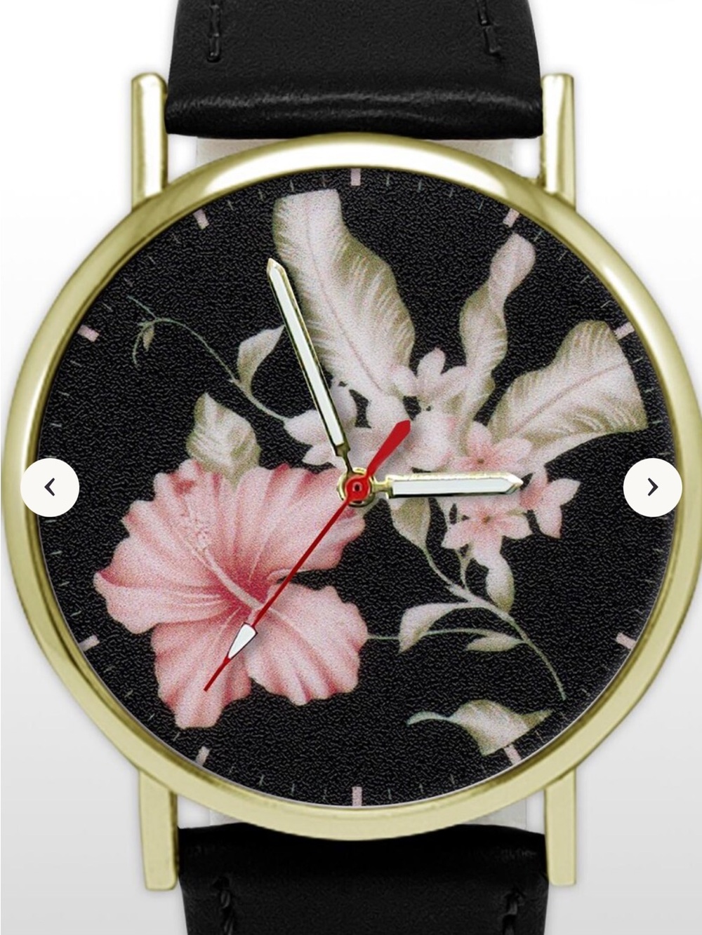 Nine West Women's Floral Dial Gold-Tone Watch with Black Leather Strap